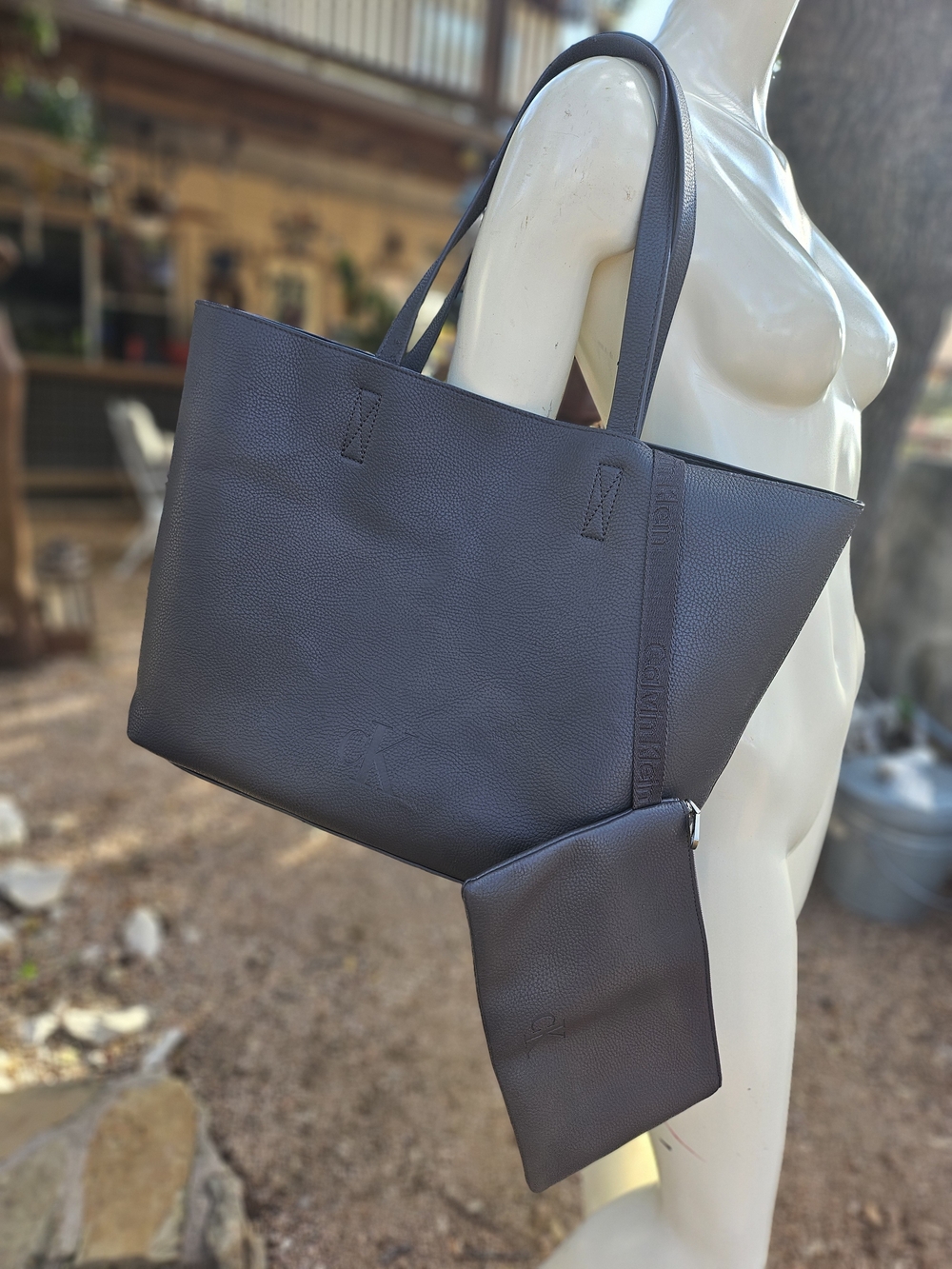 Calvin Klein Dark Gray Pebbled Faux Leather Everday Tote Bag with Zipper Pouch